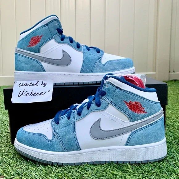 Nike Air Jordan 1 Mid GS white blue grey shoes - Picture 1 of 5